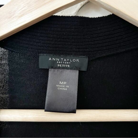 Ann Taylor Factory Black Long Sleeve Open Front Ribbed Knit Cardigan Size PM - Picture 2 of 7